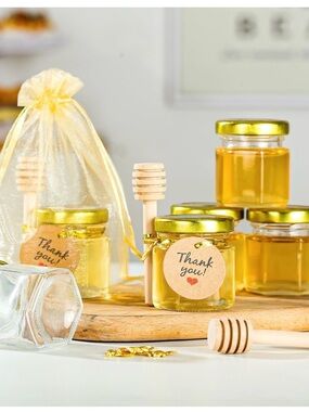 Mini Honey Jar Favor Set Gold Lids Bee Charm Organza Bags 1.5 oz Set of 15